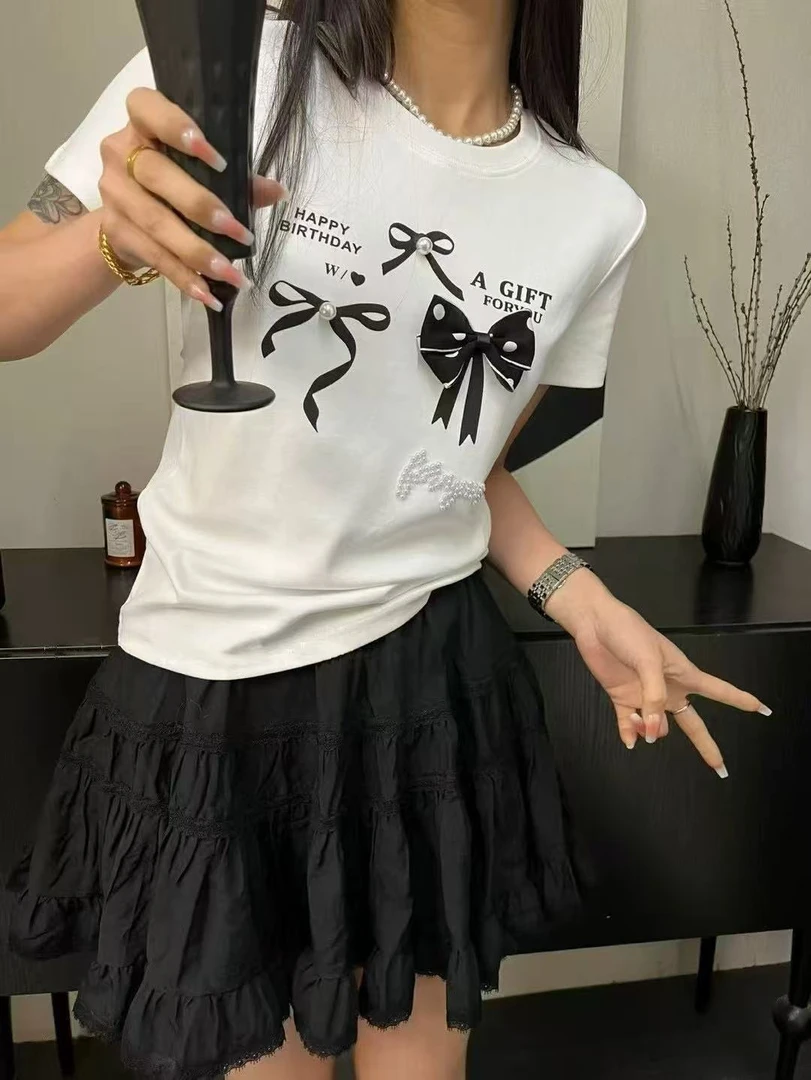 996夏季复古圆领蝴蝶结小众设计感短袖