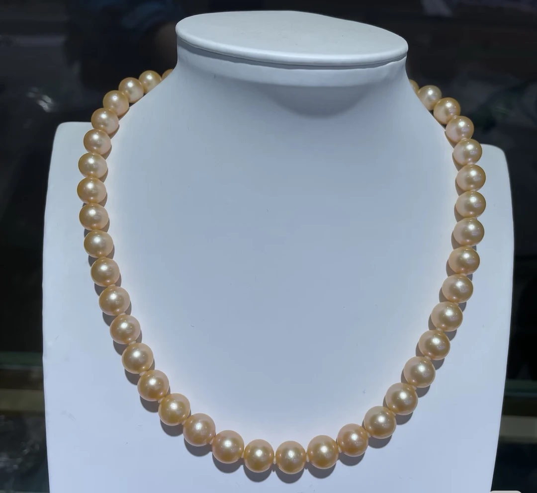 天然淡水金色珍珠项链 9-11mm正圆中国红 橘红色珍珠项链 日出金