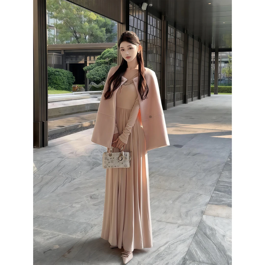 纯欲气质拼接V领长袖连衣裙女秋季新款收腰显瘦高级感小众长裙子