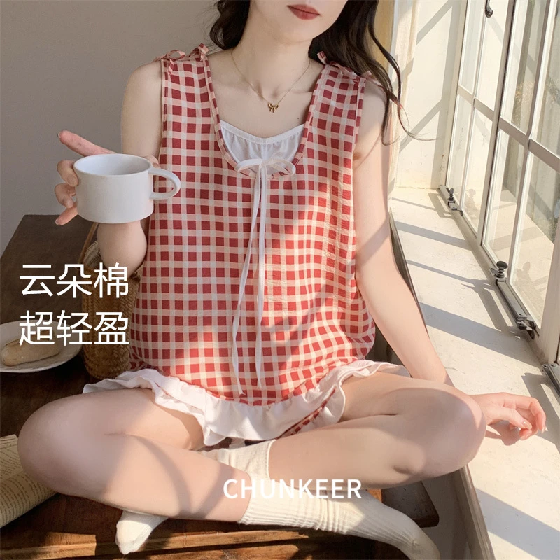 甜美风花边格子背心可爱睡衣女款夏季云朵棉可外穿吊带家居服女夏