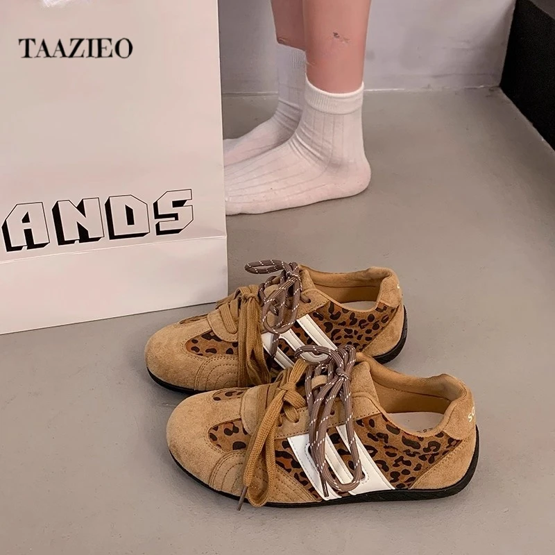 TAAZIEO平底豹纹百搭德训鞋女新款秋冬内增高赛车鞋运动休闲鞋子