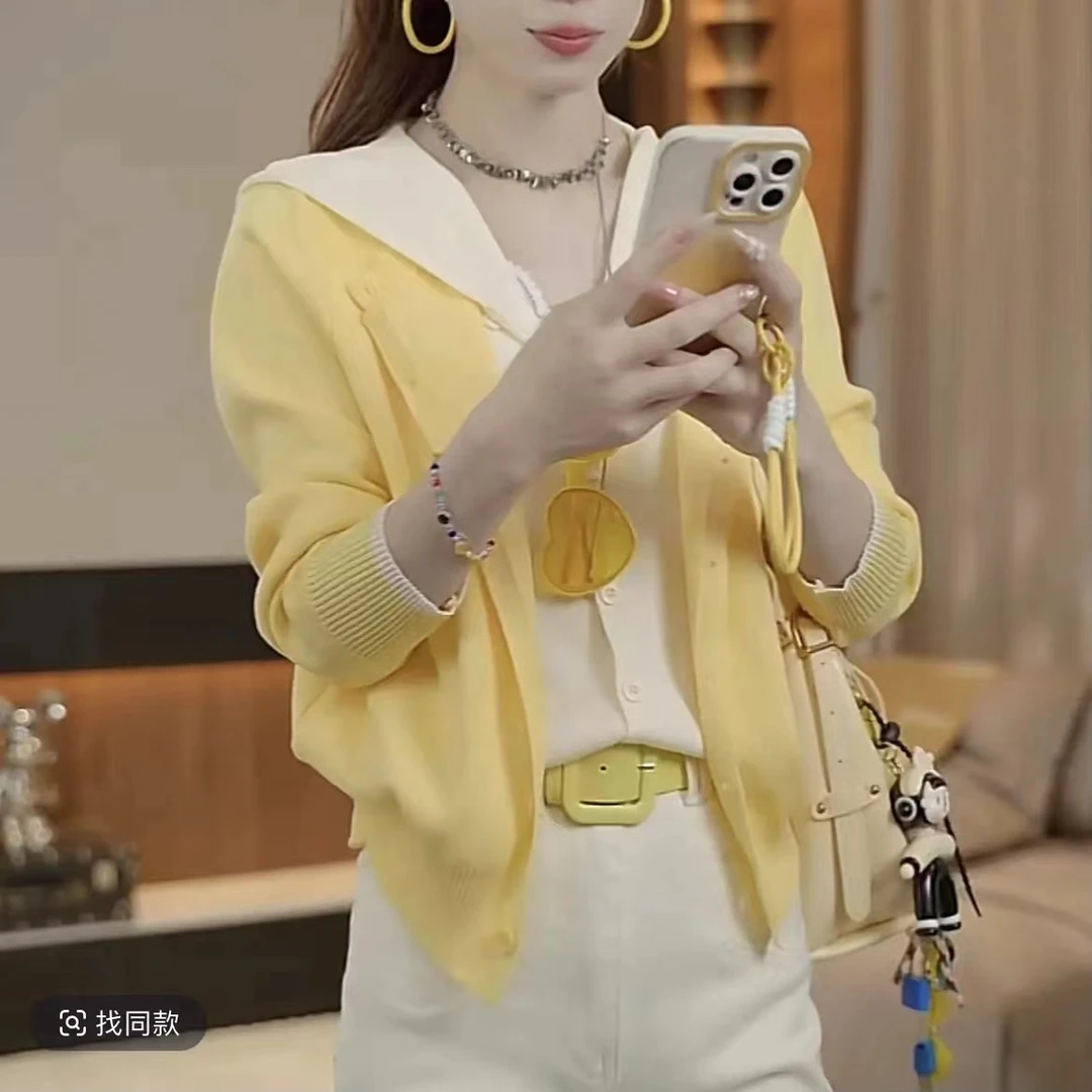 时髦撞色假两件毛衣连帽针织衫女冬季洋气休闲长袖设计感上衣外套