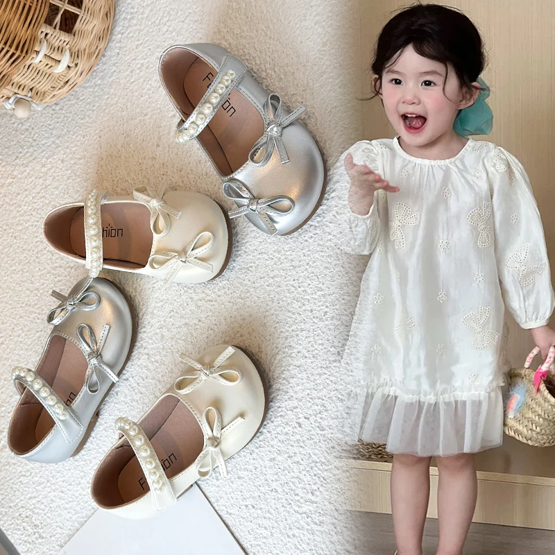 女童小皮鞋2025春秋新款闪亮蝴蝶结公主风精致公主鞋优雅儿童单鞋