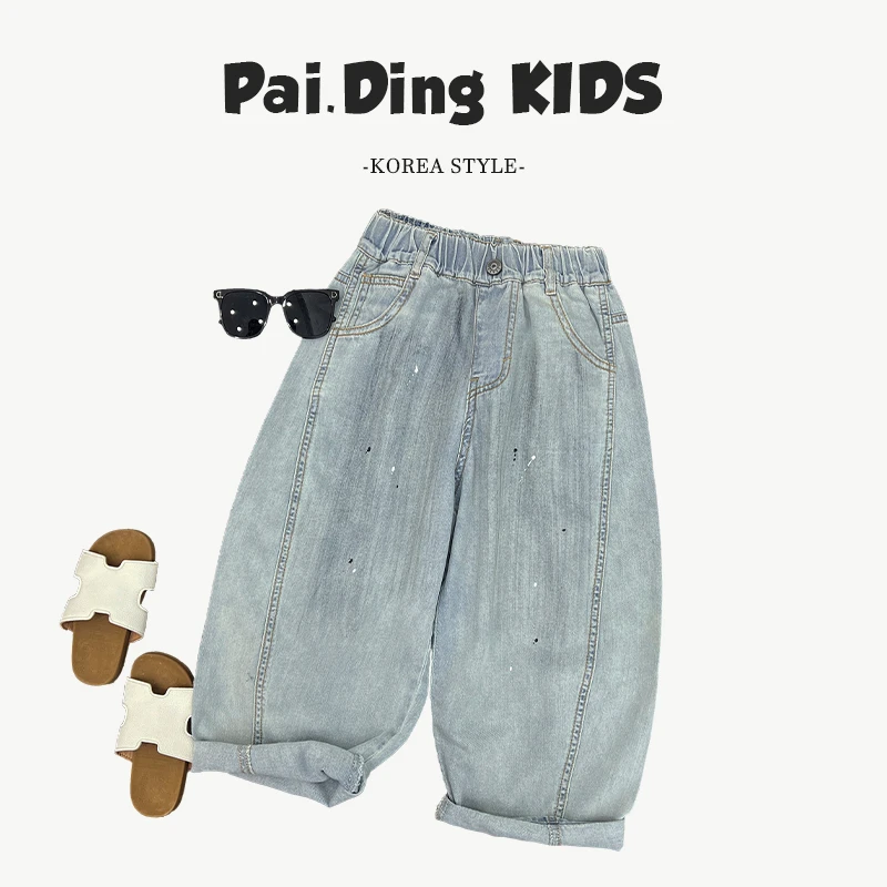 现货-【兔小呗】夏装儿童韩版时尚喷墨设计百搭个性牛仔裤SJ5485