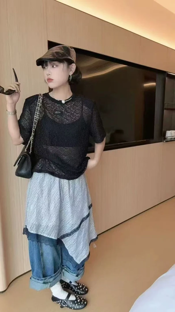 25539-3682 蕾丝透透宽松大版短袖T恤