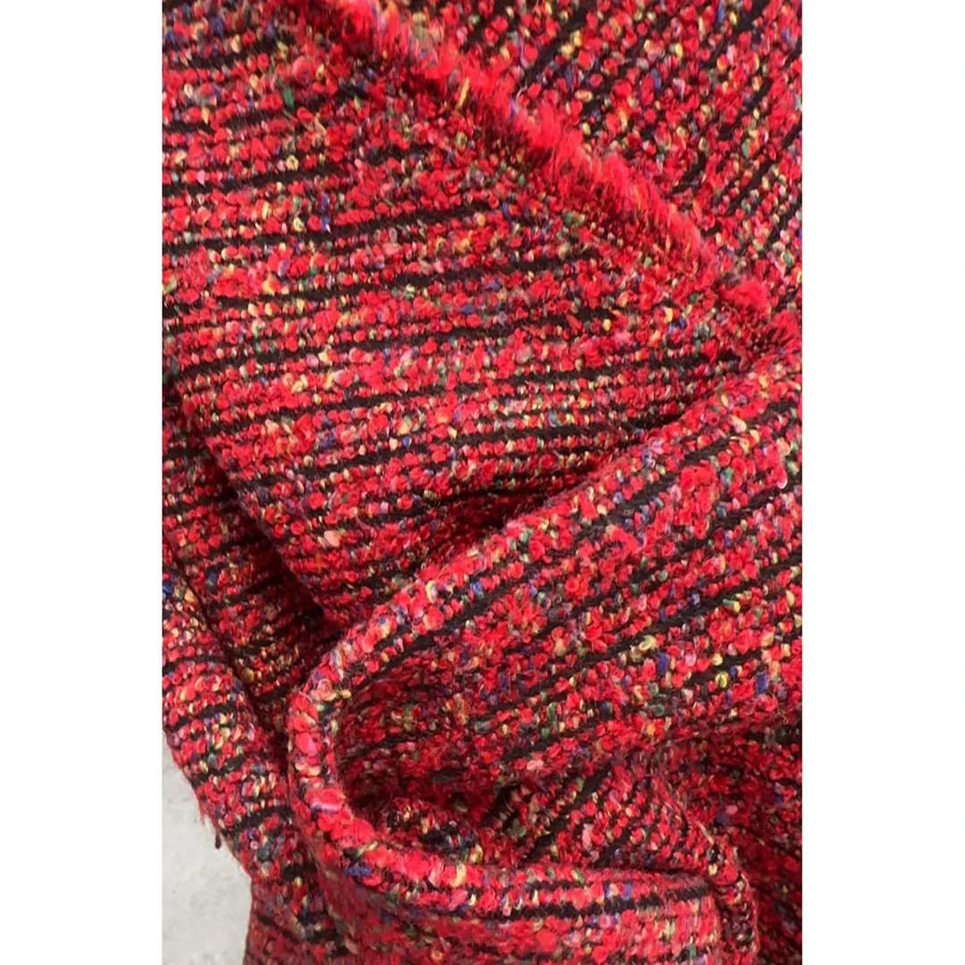 红色条纹彩色圈圈羊毛交织小香风面料宽150CM克685G大衣外套面料