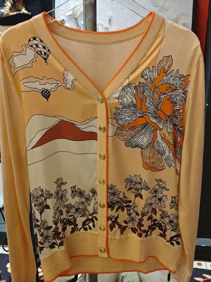 【508】秋冬新品时尚百搭印花宽松开衫气质V领休闲女士上衣