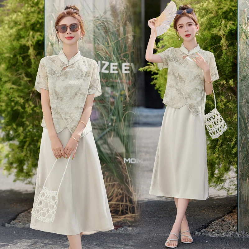 新中式国风提花连衣裙2025夏季新款气质显瘦收腰薄款吊带裙两件套