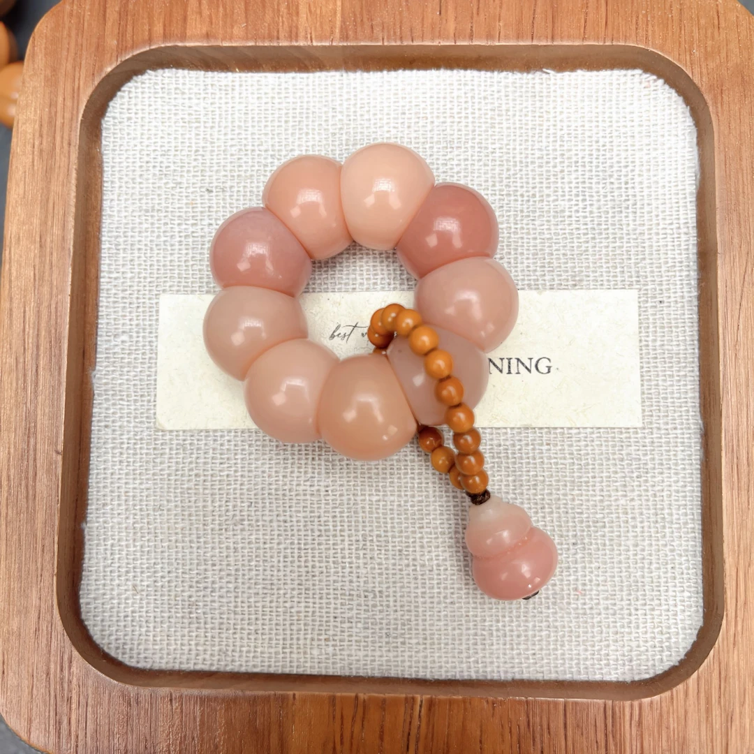 蜜桃粉色菩提根太阳花小手捻+菩提雕刻葫芦