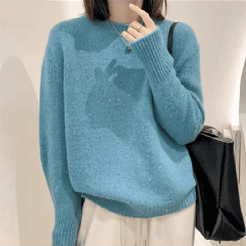 韩系慵懒风软糯圆领针织毛衣女秋冬新款大码胖MM纯色宽松保暖棉衣