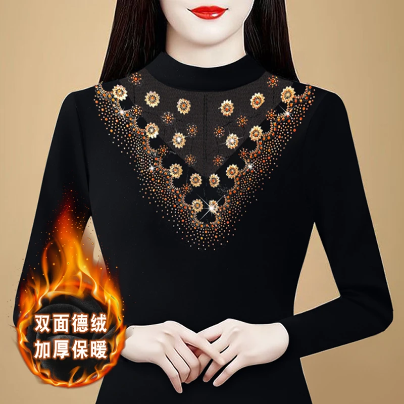 实拍2025秋冬新款韩版修身时尚长袖加厚双面德绒烫钻打底衫T恤女