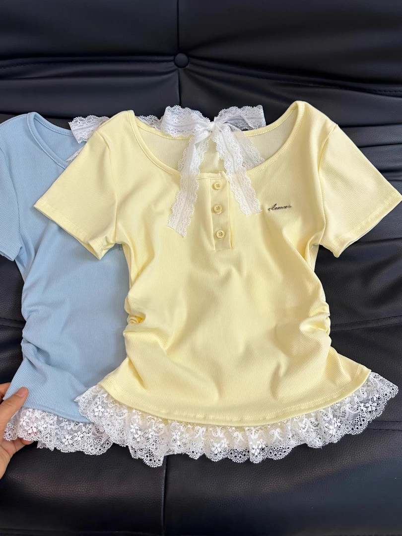 甜妹方领挂脖蕾丝正肩短袖t恤女夏季修身紧身收腰短款不规则上衣