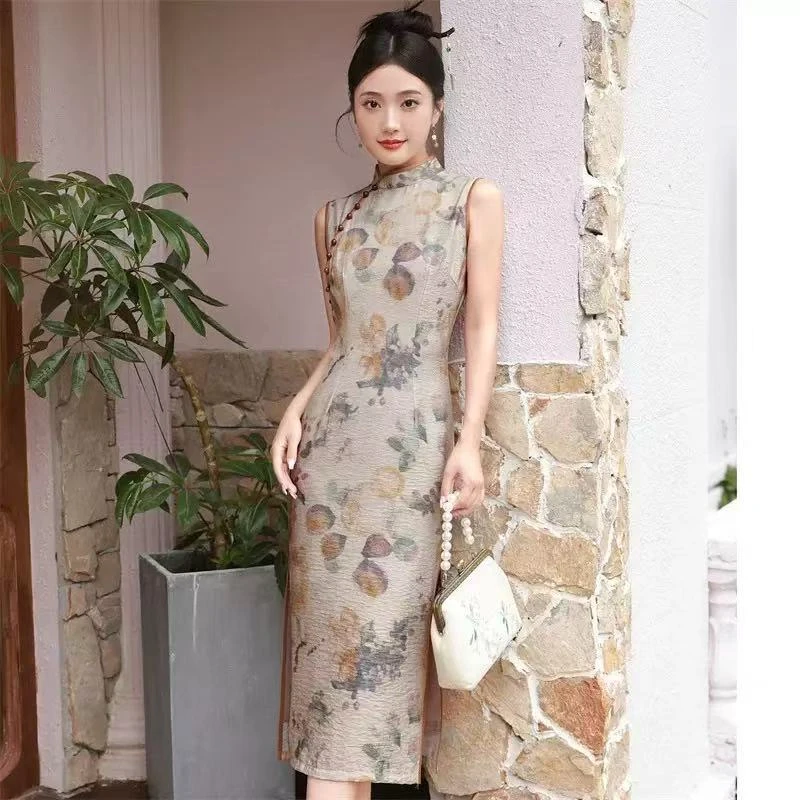 苏锦夏季新款仿苎麻中长款双层改良新中式时尚复古旗袍女衣长112