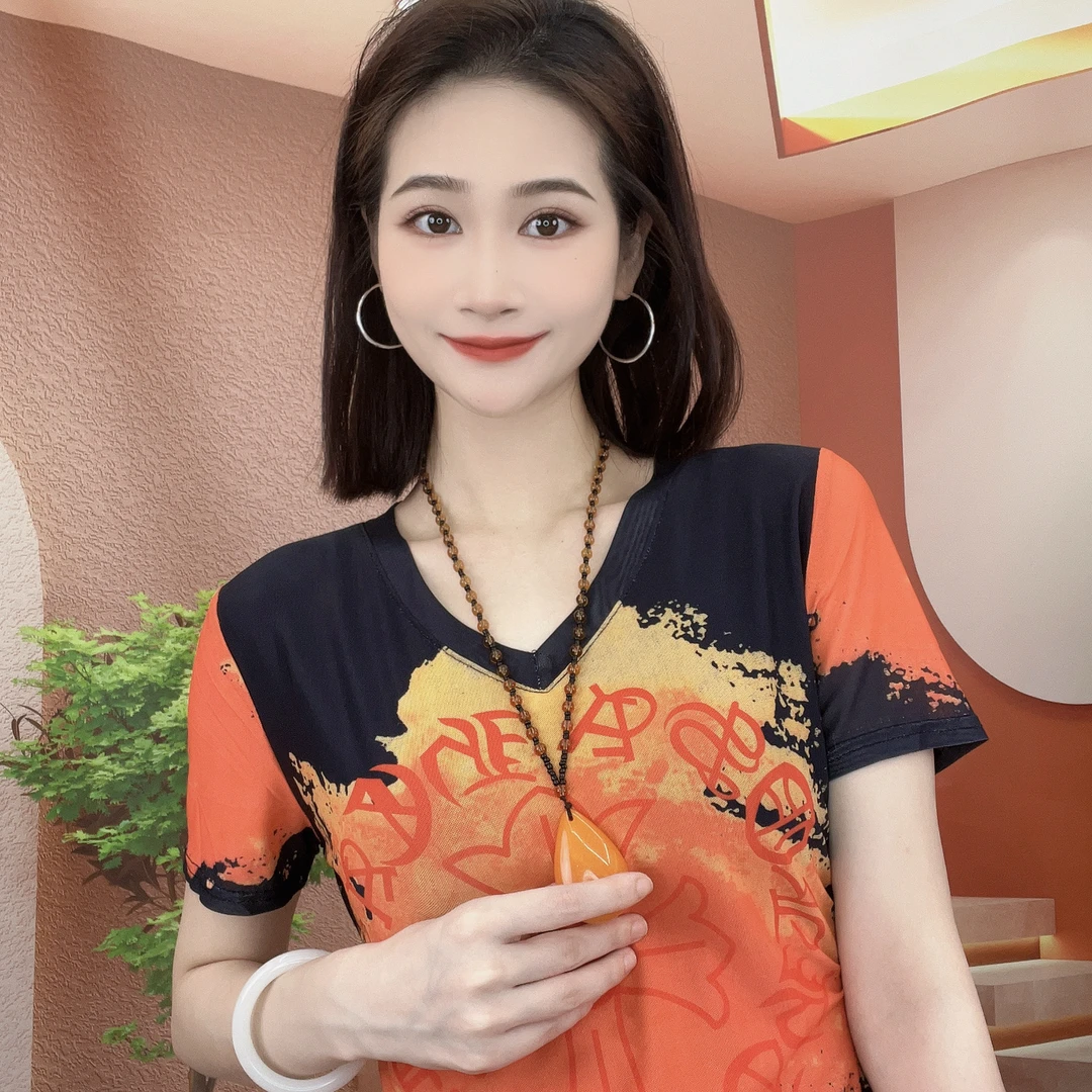 2025夏季新款时尚百搭显瘦气质网纱短袖V领T恤印花上衣1019