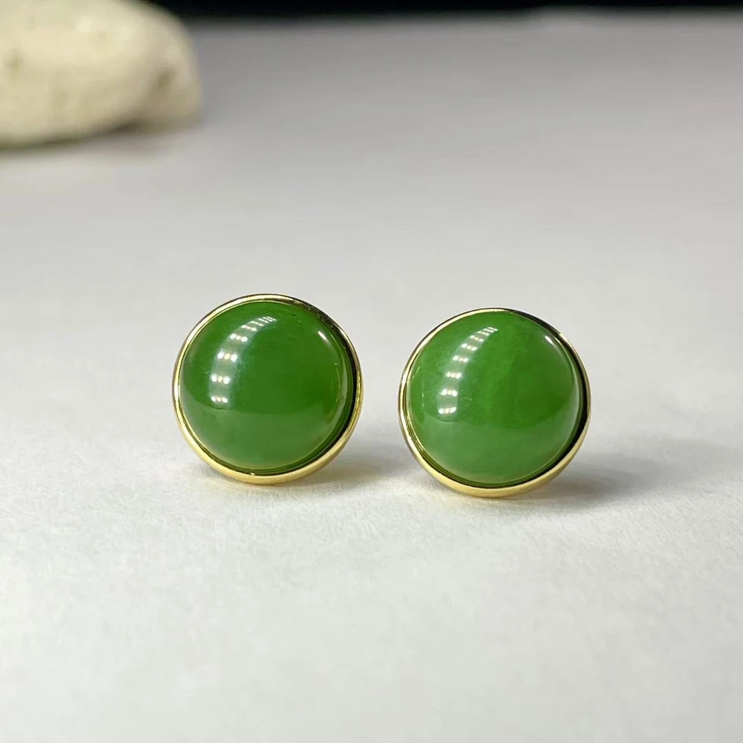 【豆豆珠宝甄选】保真天然和田玉老坑碧玉蛋面耳钉耳坠S925银镶嵌