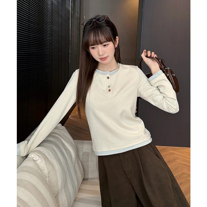 假两件撞色亨利领长袖T恤女秋冬2025新款正肩圆领内搭半开领上衣