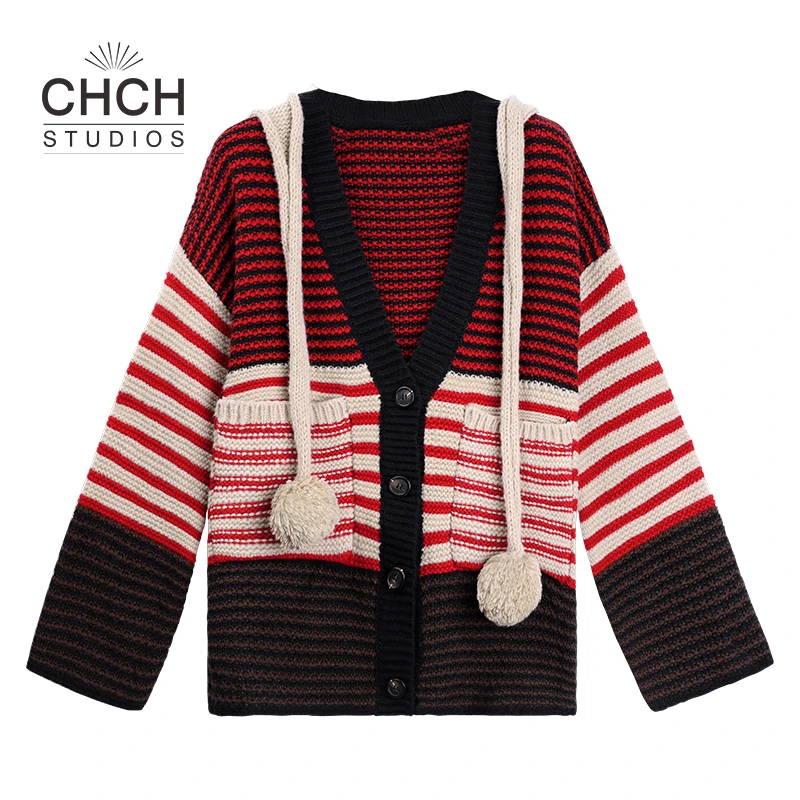 JY3KSD123610设计感撞色球球连帽时尚百搭条纹针织开衫女