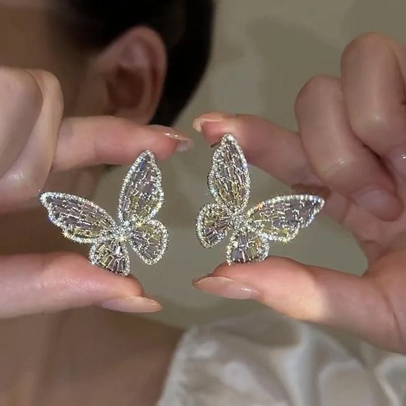 新款潮轻奢仙气满钻彩色锆石立体蝴蝶925耳环2025新款爆款高级感