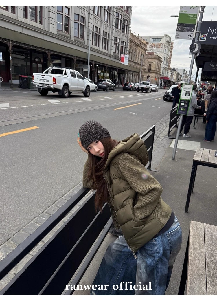 YUSheJI厚款拼接外套常规冬季面包服90白鸭绒女针织加厚保暖