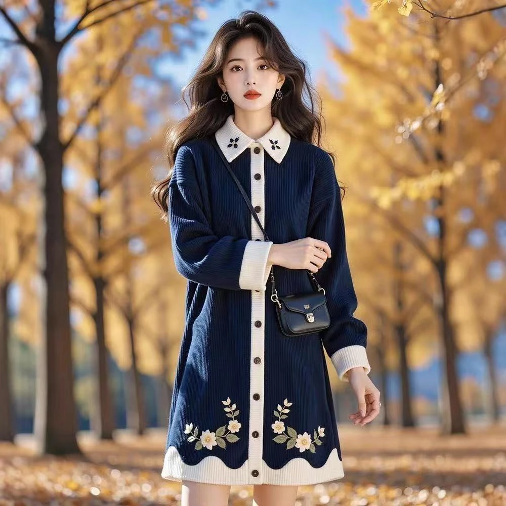 5167纯色减龄长袖春秋秋季印花开衫秋冬V领连衣裙圆领