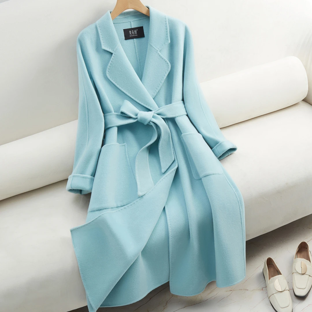 蓝色西装领双面羊绒大衣女中长款宽松显瘦羊毛呢外套2025年冬新款