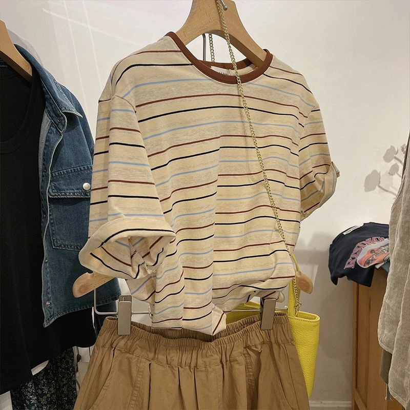 复古条纹t恤女短袖夏季2025年新款宽松正肩圆领上衣女夏天短袖薄