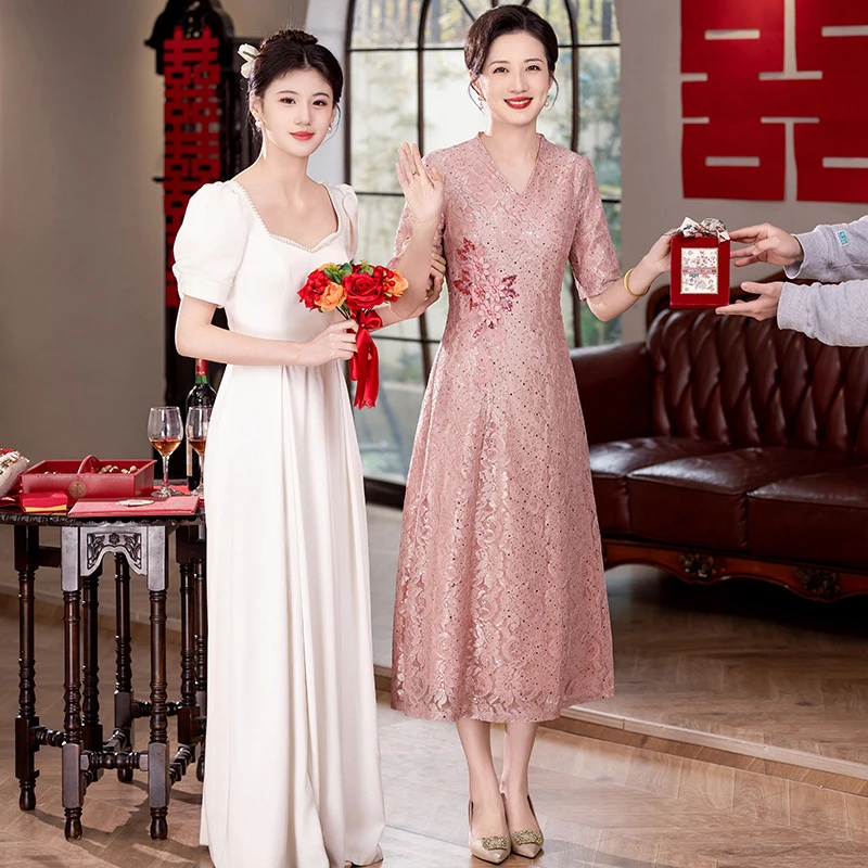 新款气质结婚妈妈婚宴礼服高端年轻喜婆婆婚宴装宴会礼服连衣裙