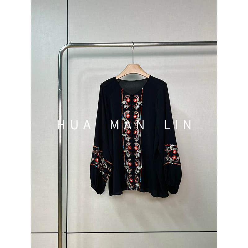 【花滿林】‘小红花’圆领刺绣小花包扣鬼绉真丝桑蚕丝上衣256105