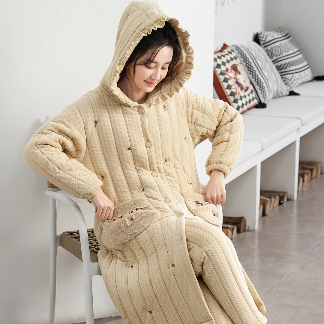 家居服两件套装长裤冬季厚款夹棉睡衣加绒适穿温度加厚-5℃-10℃