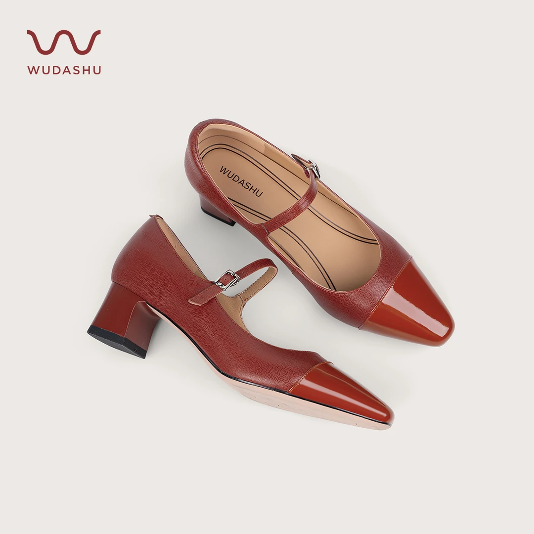 吴大叔【护趾棉】复古玛丽珍一字带单鞋真皮通勤浅口中跟皮鞋D008C