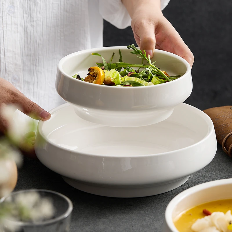 陶瓷简约沙拉碗家用高级感甜品碗纯色创意高脚深盘菜盘家用饭碗