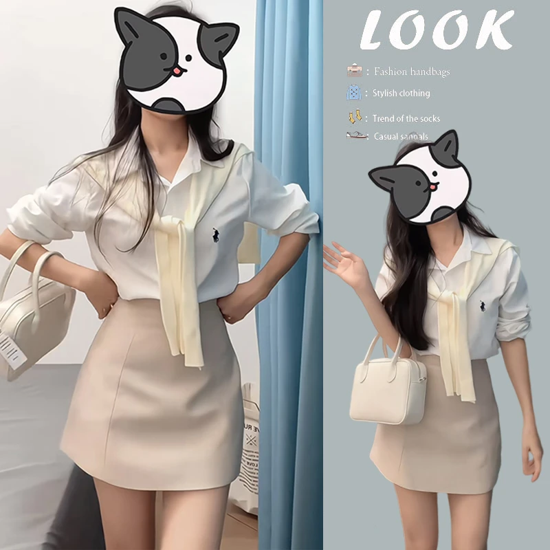 早春穿搭一整套2025新款韩版通勤百搭衬衫披肩上衣气质短裙三件套