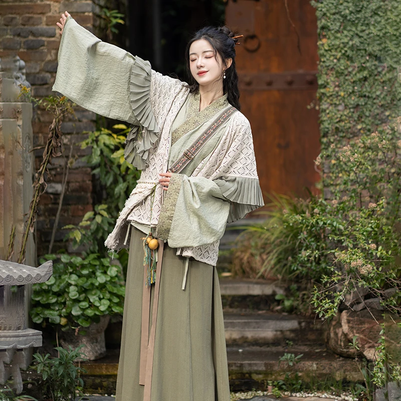 池夏【立春:野茶】晋制荷叶边半袖上襦亚麻交窬裙原创改良汉服 春