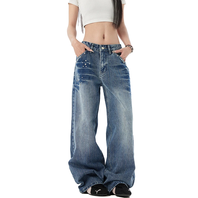 美式复古折痕铆钉牛仔裤女秋季高腰直筒显瘦宽松阔腿梧桐拖地裤子