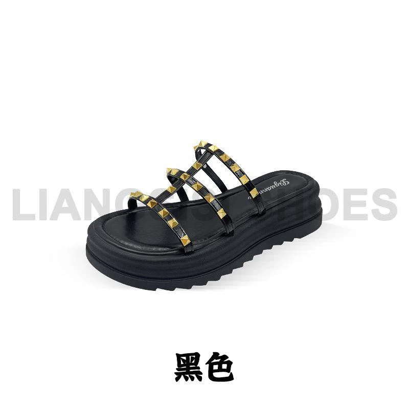 时尚铆钉高级经典夏季百搭松糕厚底坡跟休闲半拖-M-8