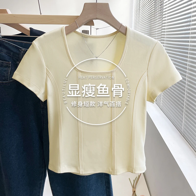方领鱼骨短袖t恤女修身短款正肩上衣2025新款夏季显瘦打底内搭夏