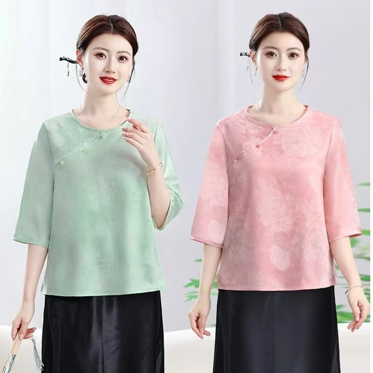 母亲节圆领纽扣千金风中老年女装小衫t恤宽松女装夏装复古中袖