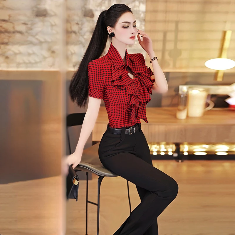 型色缤纷设计感小众花边领格纹衬衫2025夏季新款女人味短袖上衣