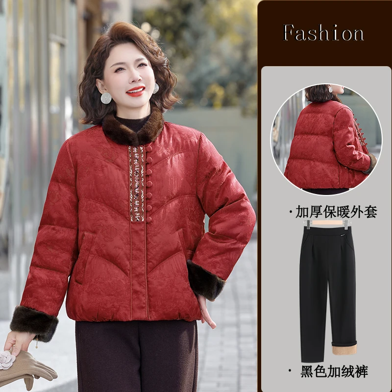 妈妈装冬季加绒加厚棉衣外套50到60岁中老年女装防寒保暖套装