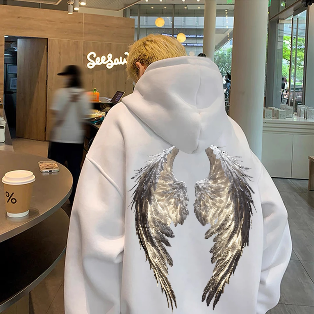 重磅加绒加厚连帽卫衣宽松双层帽时尚羽翼男女同款男装百搭秋冬季