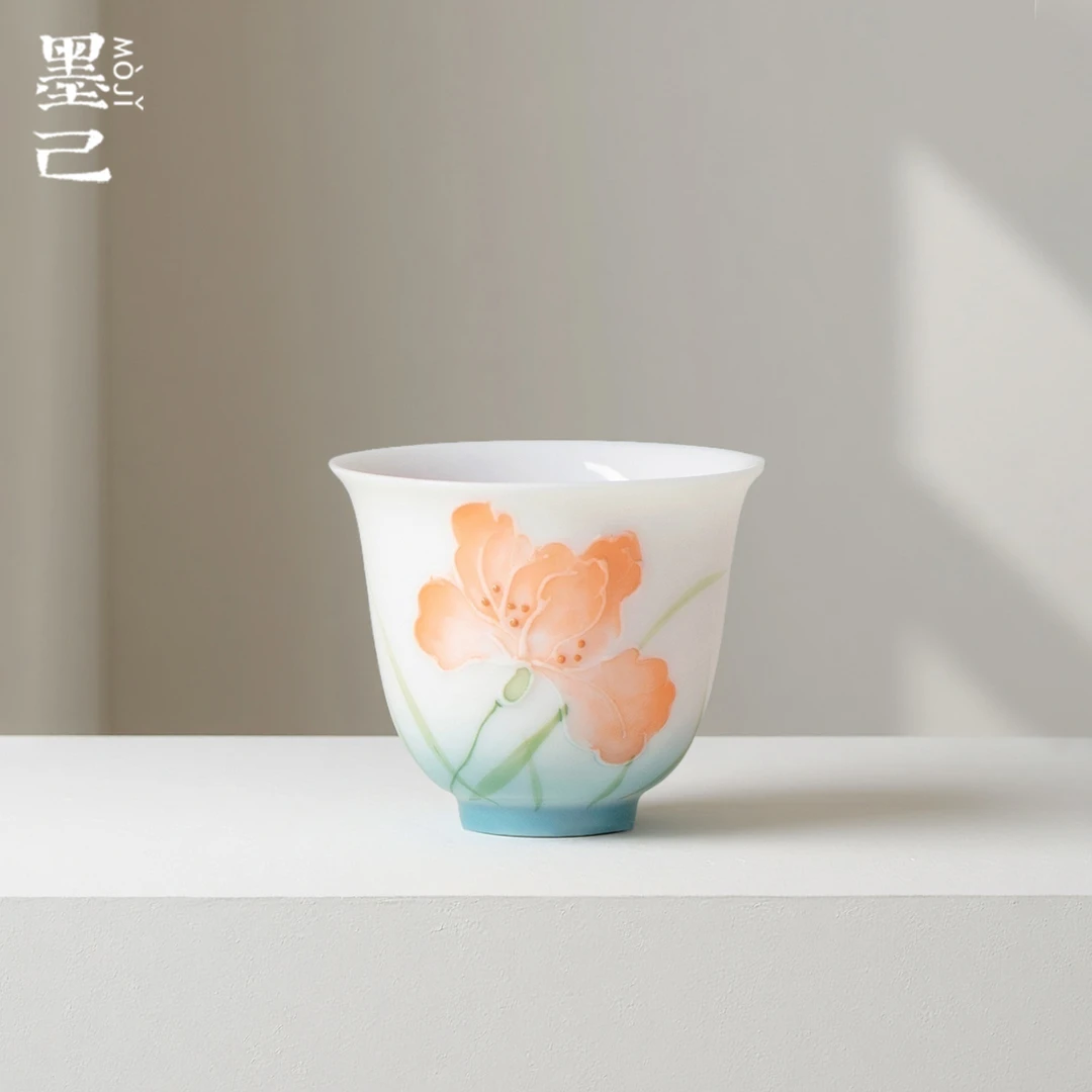 墨己玉泥手绘芙蓉花蝴蝶陶瓷品茗杯小号功夫茶具家用茶杯薄胎单杯