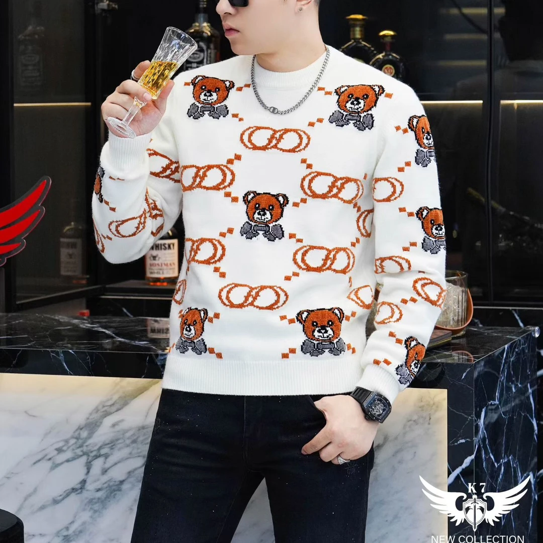 男士保暖羊毛衫欧版时尚高档潮流提花圆领针织毛衣打底衫休闲