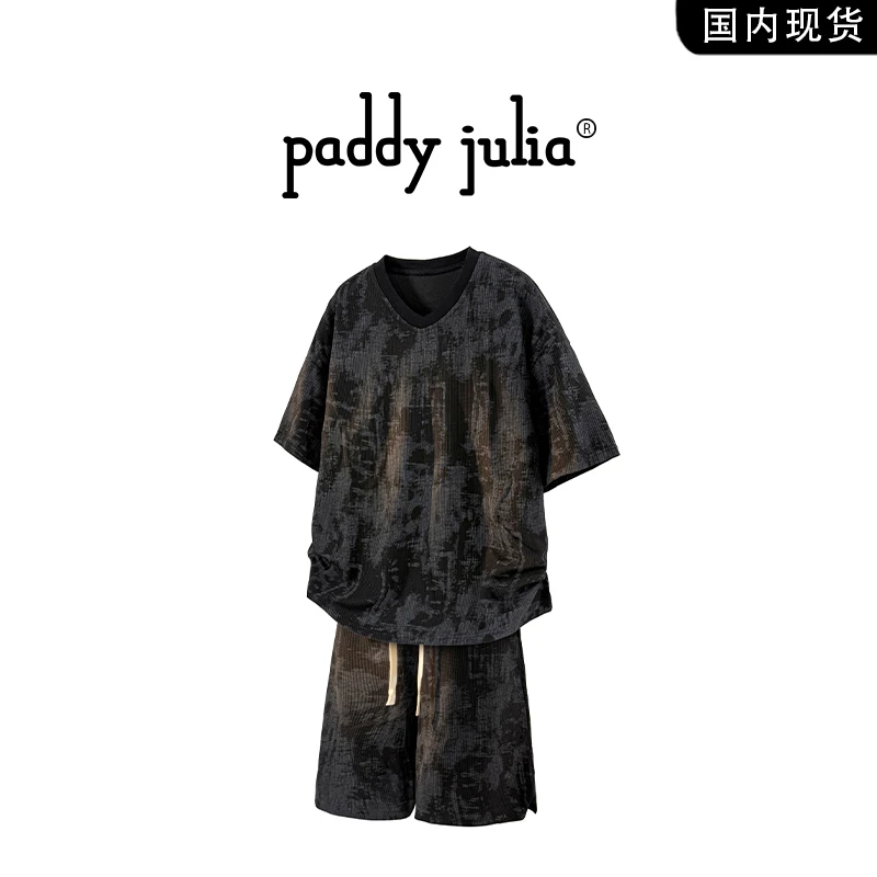 Paddy julia扎染套装夏季男短袖短裤休闲运动套装舒适复古工装风