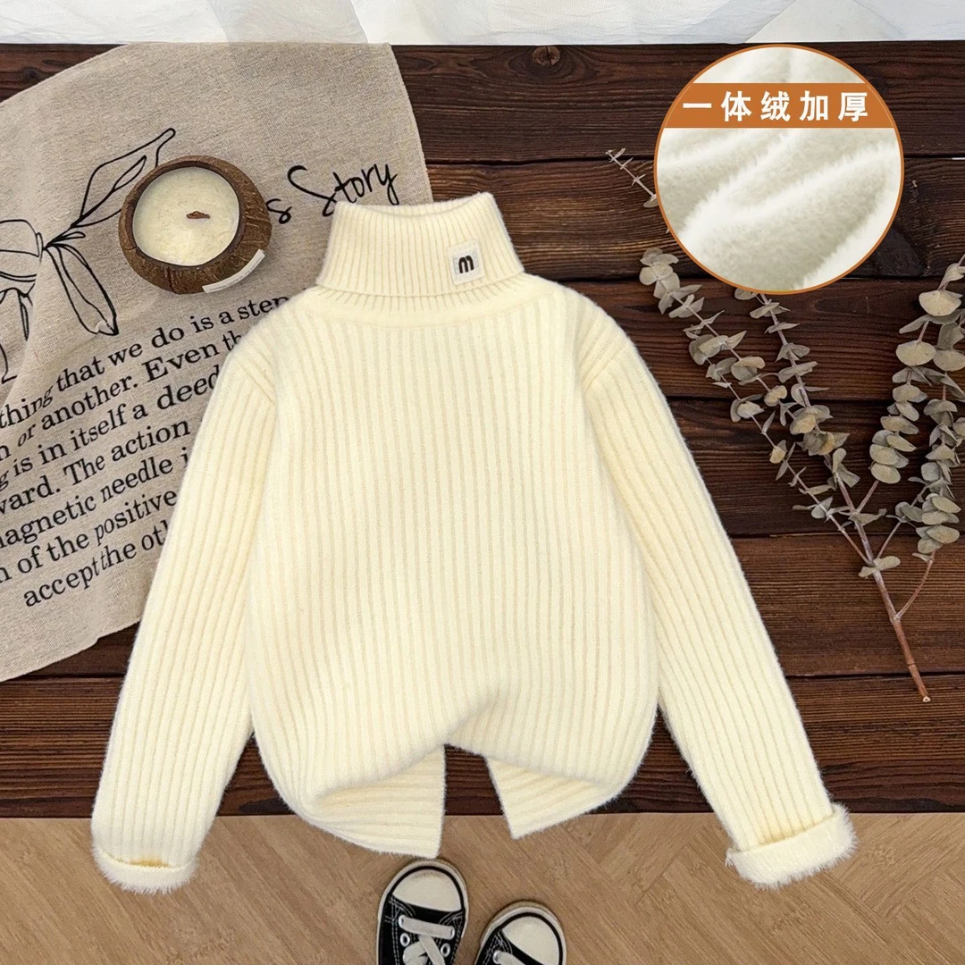 不起球男女童高领加绒保暖毛衣中大童加厚一体绒打底针织衫