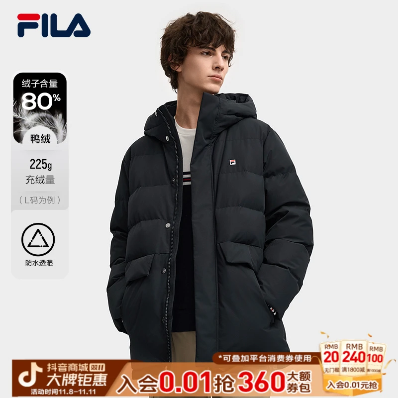 FILA斐乐男【防水中长款羽绒服】冬季新款加厚羽绒外套F11M548904F
