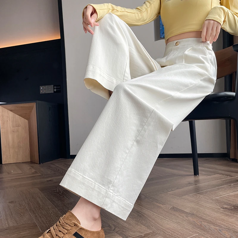 白色直筒裤女2025春秋新款高腰宽松显瘦遮胯小个子九分休闲阔腿裤