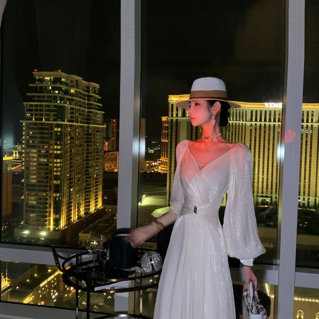 【雅乔定制】罗马时代 法式优雅V领宽松长袖连衣裙DYYK-25052398