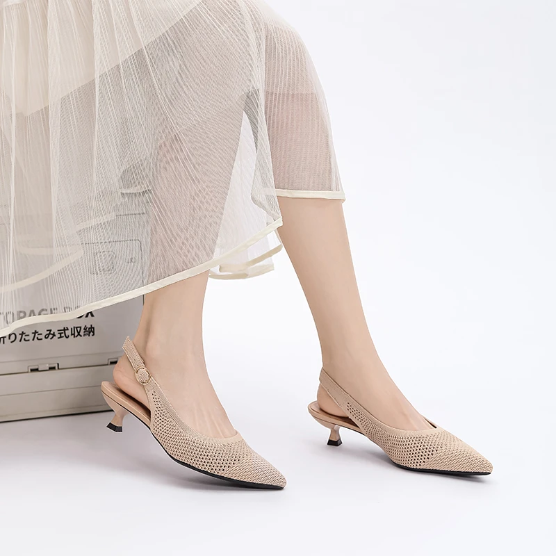 日系王妃鞋新款尖头浅口后绊带镂空飞织针织细跟高跟鞋女单鞋