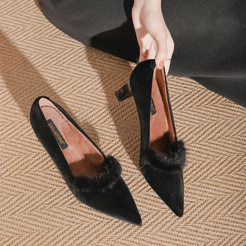 黑色毛毛高跟鞋女细跟2024新款秋冬加绒保暖绒面粗跟优雅女士单鞋