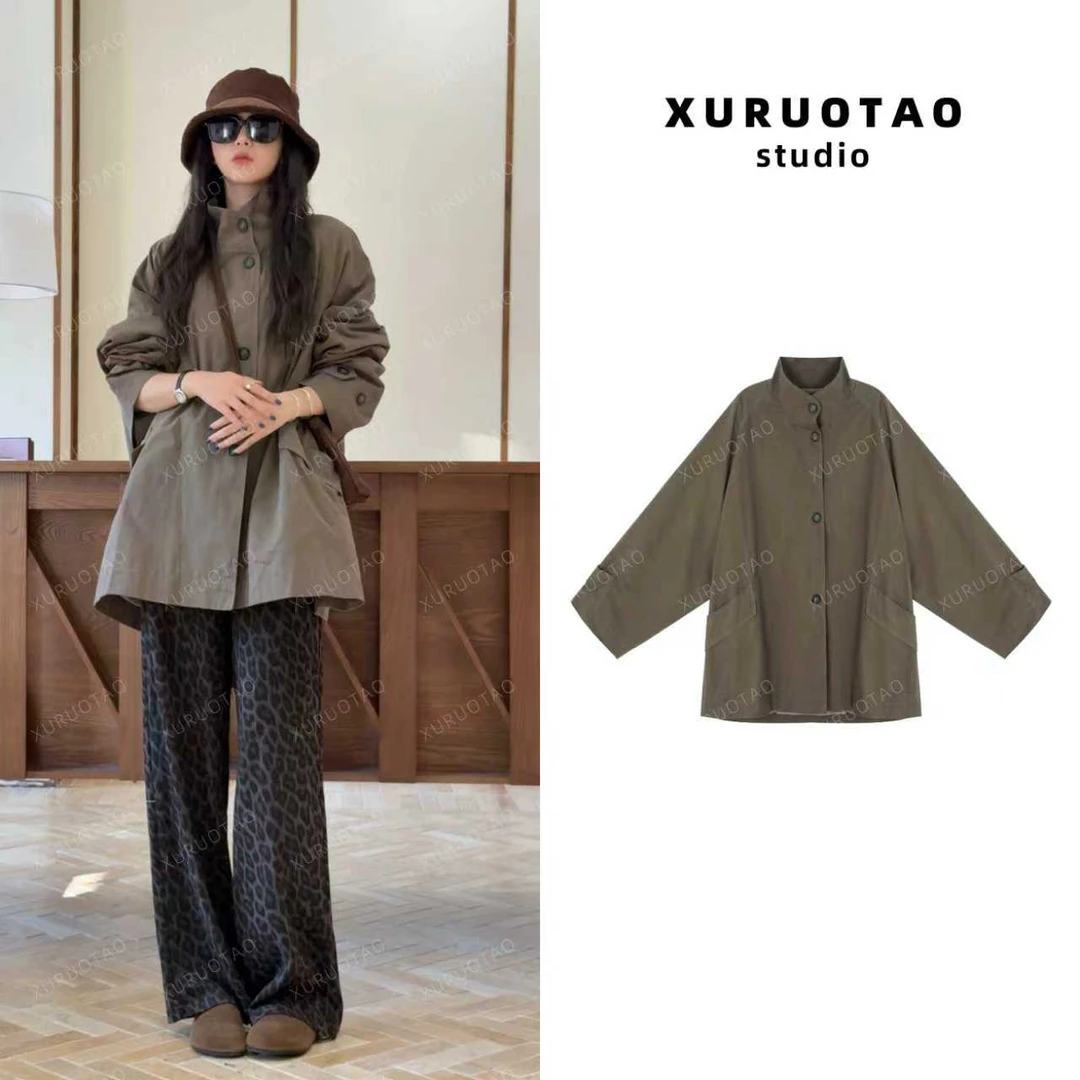 XURUOTAO 【梧桐风衣】100棉百搭时髦设计卡其绿色风衣外套 T5650